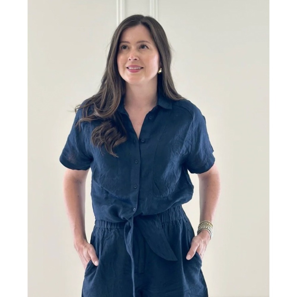 Circle of Trust Nadia Blouse Navy Blue 100% Linen Tie Front Button Down Top S